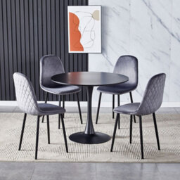 Living And Home Black Modern Round Wooden Dining Table Coffee Table With Metallic Base Dia 900mm - thumbnail 1