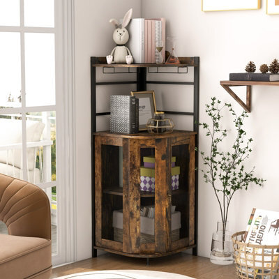 Costway Corner Bar Cabinet Industrial Wine Buffet Cabinet With Glass Holder Mesh Doors - image 1