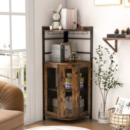 Costway Corner Bar Cabinet Industrial Wine Buffet Cabinet With Glass Holder Mesh Doors