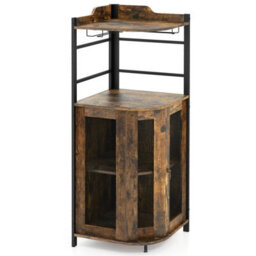 Costway Corner Bar Cabinet Industrial Wine Buffet Cabinet With Glass Holder Mesh Doors - thumbnail 2