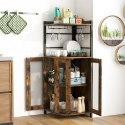 Costway Corner Bar Cabinet Industrial Wine Buffet Cabinet With Glass Holder Mesh Doors - thumbnail 5