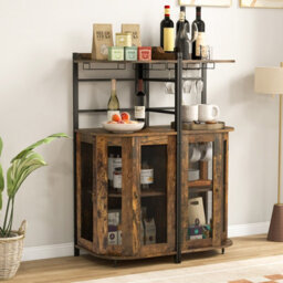 Costway Corner Bar Cabinet Industrial Wine Buffet Cabinet With Glass Holder Mesh Doors - thumbnail 4