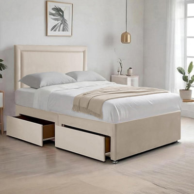 Cream Plush 4Ft6 Double Bed With Matttress  2 Storage Drawers And 20 Inch Plain Borderd Headboard - image 1