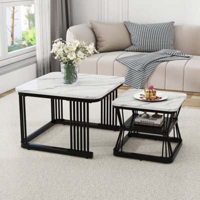 Nest Of 2 Square Coffee Tables With Marble Pattern White Tops And Black Metal Frames - image 1