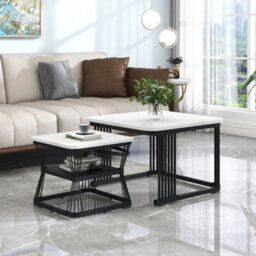 Nest Of 2 Square Coffee Tables With Marble Pattern White Tops And Black Metal Frames - thumbnail 7