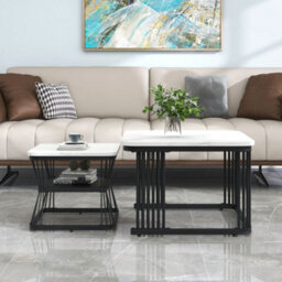 Nest Of 2 Square Coffee Tables With Marble Pattern White Tops And Black Metal Frames - thumbnail 5