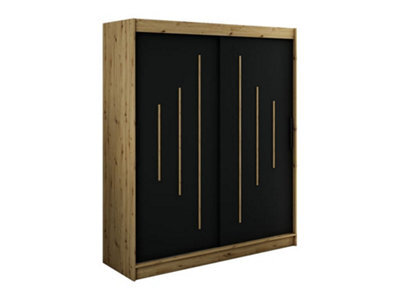Arte Leto Y Contemporary 2 Sliding Door Wardrobe 9 Shelves 2 Rails Black Matt And Oak Effect (H)2000mm (W)1800mm (D)620mm - image 1