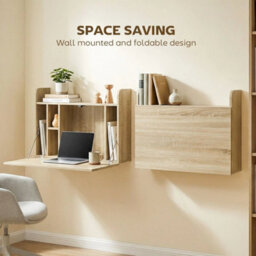 Wall Mounted Table W/ Space Saving Storage Compartments, Oak - thumbnail 5