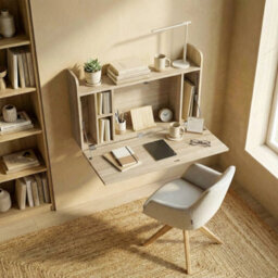 Wall Mounted Table W/ Space Saving Storage Compartments, Oak - thumbnail 4