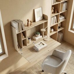 Wall Mounted Table W/ Space Saving Storage Compartments, Oak - thumbnail 6