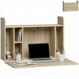 Wall Mounted Table W/ Space Saving Storage Compartments, Oak - thumbnail 1