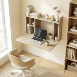 Wall Mounted Table W/ Space Saving Storage Compartments, Oak - thumbnail 3