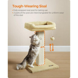 Songmics Cat Scratching Post, Tall Sisal Scratcher With Plush Perch, Feline Tower With Pompom, Beige - thumbnail 4