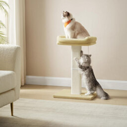 Songmics Cat Scratching Post, Tall Sisal Scratcher With Plush Perch, Feline Tower With Pompom, Beige - thumbnail 1