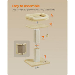 Songmics Cat Scratching Post, Tall Sisal Scratcher With Plush Perch, Feline Tower With Pompom, Beige - thumbnail 7