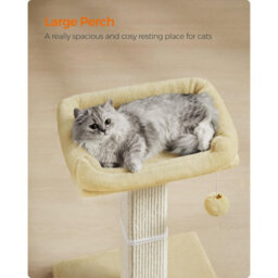 Songmics Cat Scratching Post, Tall Sisal Scratcher With Plush Perch, Feline Tower With Pompom, Beige - thumbnail 3
