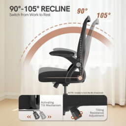 Onemill Ergonomic Swivel Mid Back Office Chair With Adjustable Height And Flip-Up Armrest - Black - thumbnail 2