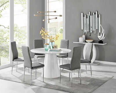 Furniturebox Uk Palma White High Gloss Round Dining Table & 6 Grey Milan Chrome Leg Chairs - image 1