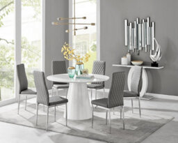 Furniturebox Uk Palma White High Gloss Round Dining Table & 6 Grey Milan Chrome Leg Chairs - thumbnail 1