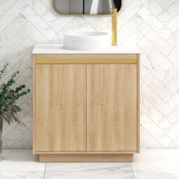 Royal Bathrooms Orion 800mm Natural Oak Floor Standing Plain White Countertop Vanity Unit 2 Door With Round Basin & Brushed Brass Accent Trim