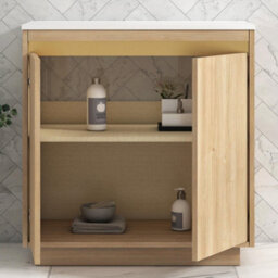 Royal Bathrooms Orion 800mm Natural Oak Floor Standing Plain White Countertop Vanity Unit 2 Door With Round Basin & Brushed Brass Accent Trim - thumbnail 4