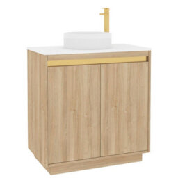 Royal Bathrooms Orion 800mm Natural Oak Floor Standing Plain White Countertop Vanity Unit 2 Door With Round Basin & Brushed Brass Accent Trim - thumbnail 6