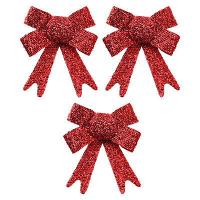 Tinsel Bows X 3 Christmas Decoration X 3 10Cm X 13Cm X 3Cm Red - image 1