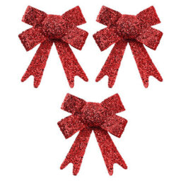 Tinsel Bows X 3 Christmas Decoration X 3 10Cm X 13Cm X 3Cm Red