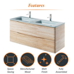 Plum&clay Eden Light Oak Wall Hung Vanity Unit With White Glass Basin (W)1200mm - thumbnail 8