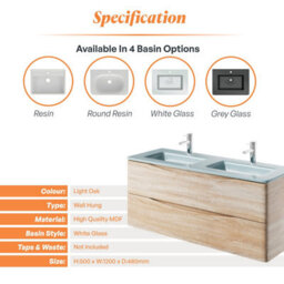 Plum&clay Eden Light Oak Wall Hung Vanity Unit With White Glass Basin (W)1200mm - thumbnail 7