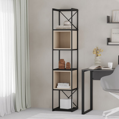 Decortie Modern Vale Mini Bookcase Versatile Display Unit 5-Tier Metal Frame 2 Adjustable Shelf 18mm (Black Wood, Sandstone) - image 1