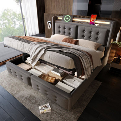 Merax 5Ft King Bed 150X200 Cm, Linen Upholstered Bed With Led Lights, Usb & Type-C, Headboard, Hydraulic Storage, Grey - image 1