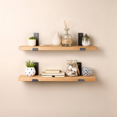 Off the Grain Oak Wall Shelves With Inverted Brackets - Narrow Wooden Shelves Pack Of 2 - 110Cm - image 1