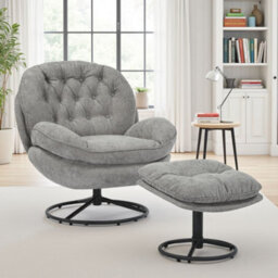 Dark Grey Chenille Fabric Azura Swivel Accent Chair With Footstool - thumbnail 1