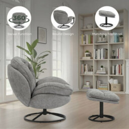 Dark Grey Chenille Fabric Azura Swivel Accent Chair With Footstool - thumbnail 8