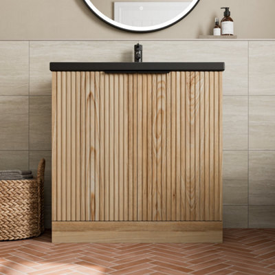 Affine 800mm Fluted Wood Bathroom Vanity Unit Soft Close Cabinet Black Ceramic Basin - image 1