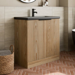 Affine 800mm Fluted Wood Bathroom Vanity Unit Soft Close Cabinet Black Ceramic Basin - thumbnail 2