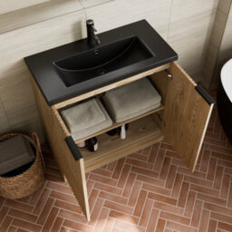Affine 800mm Fluted Wood Bathroom Vanity Unit Soft Close Cabinet Black Ceramic Basin - thumbnail 3