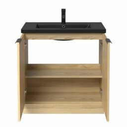 Affine 800mm Fluted Wood Bathroom Vanity Unit Soft Close Cabinet Black Ceramic Basin - thumbnail 5