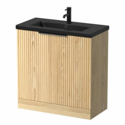 Affine 800mm Fluted Wood Bathroom Vanity Unit Soft Close Cabinet Black Ceramic Basin - thumbnail 4