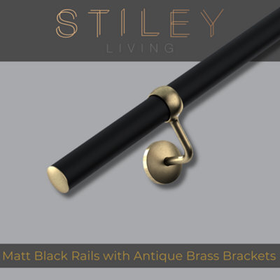 Stiley Living Matt Black/antique Brass 3.6M Stair Handrail Kit, Wall Mounted Banister Rail With Brackets & Fixings, 10Yr Guarantee - image 1