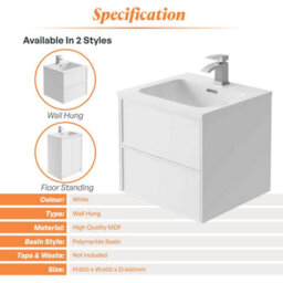 Plum&clay Jenner White Wall Hung Vanity Unit & Basin Set (W)600mm (H)500mm - thumbnail 5