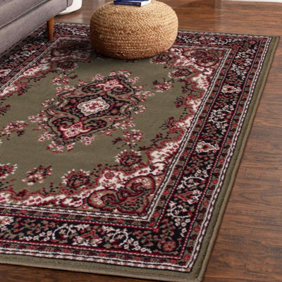 Green Traditional Floral Bordered Rug Easy To Clean Dining Room-160Cm X 230Cm