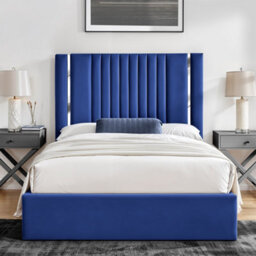 UKBEDFURNITURE Valencia Blue Plush Valvet Upholstered Bed Frame - Slatted Base With 10 Inch Orthopedic Mattress - 48 Inch Headboard