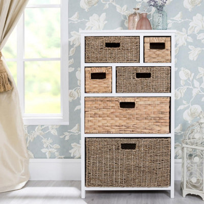 Statement Furniture Tetbury 6 Drawer Storage Unit- White With Hyacinth And Seagrass Baskets