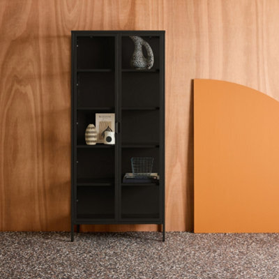 Sweeek - Sideboard, Steel And Tempered Glass China Cabinet With 2 Doors  Black 80X35X180 Cm - Arkansas - image 1