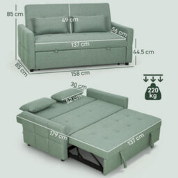 Wyld Haus Nenase Mint Green 3-Way Convertible 2-Seater Sofa Bed, Linen-Look Fabric, L158 X D85 X H85Cm - thumbnail 3