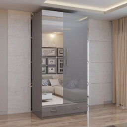 Sliding Wardrobes 4 u LTD Sliding Wardrobes 4U Modern Grey High Gloss 2 Door Hinged Wardrobe With Mirrored Door, Silver Handles - 90Cm