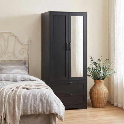 Living And Home 2-Door Black Bedroom Wardrobe With Drawers & Mirror, 166Cm H - image 1