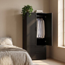 Living And Home 2-Door Black Bedroom Wardrobe With Drawers & Mirror, 166Cm H - thumbnail 2